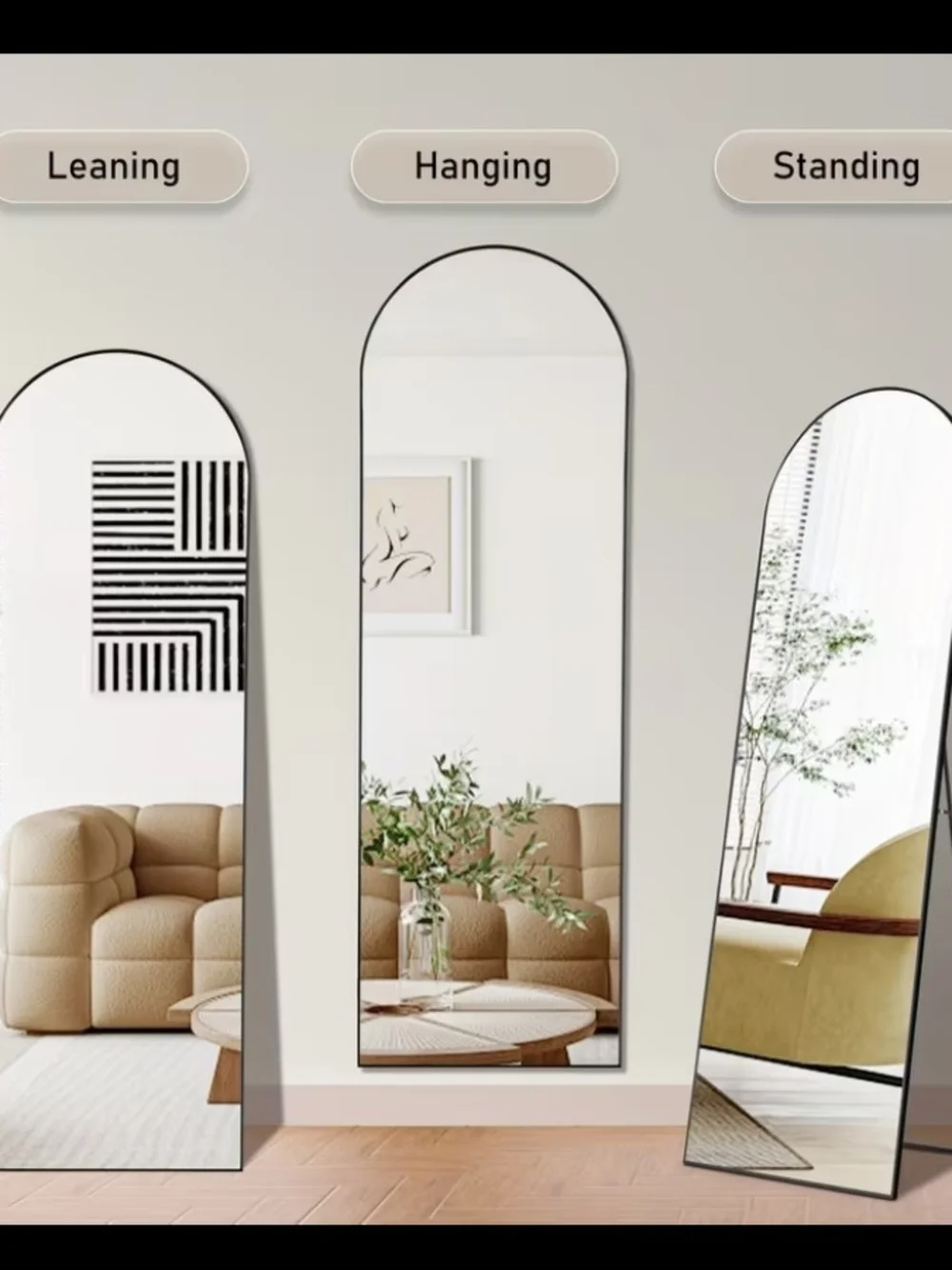 3 Gold Full-Length Arch Floor Mirror - Elegant Home Wall Decor